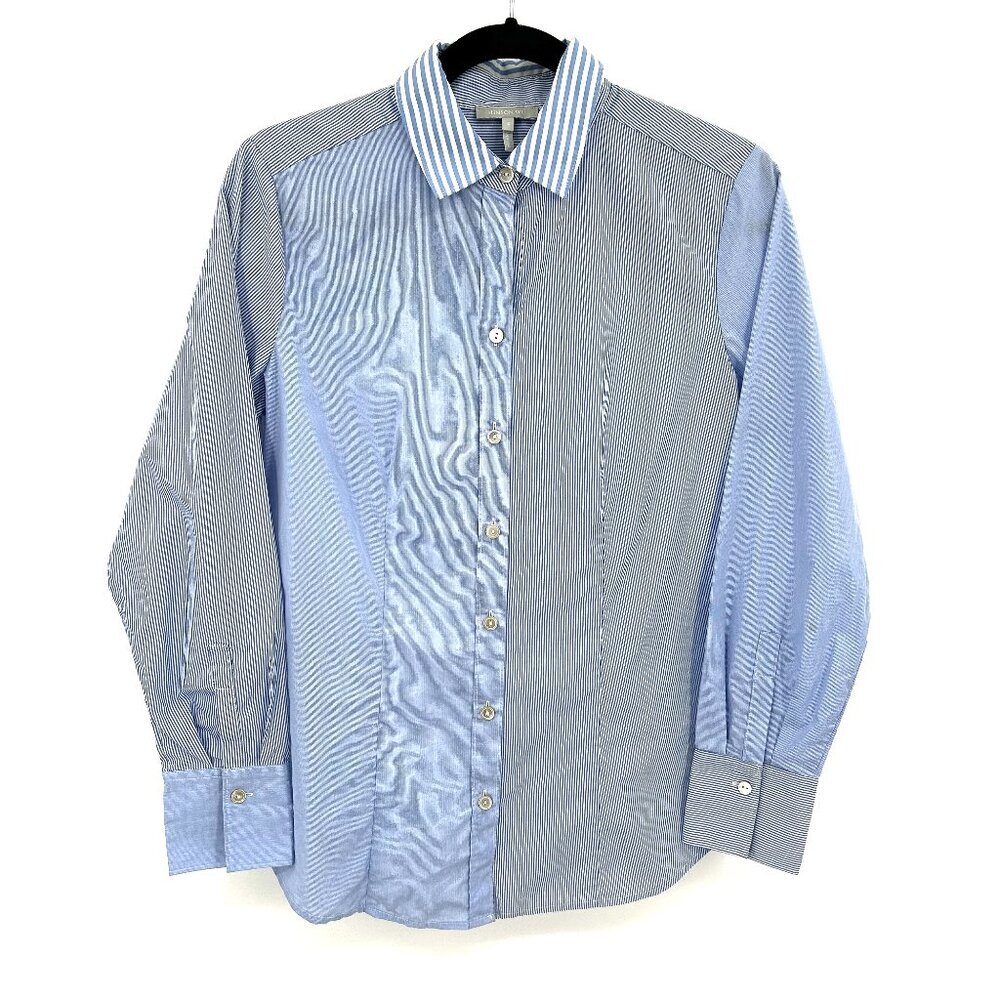 HINSON WU *Flawed* Women's Blue White Striped 100% Cotton Button Up Top Size 4